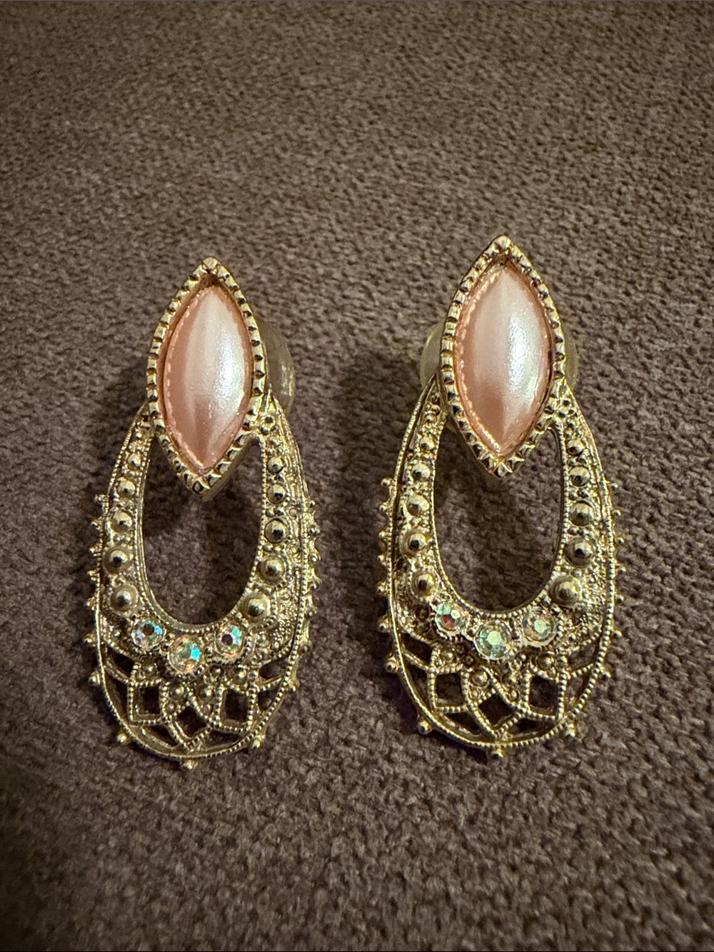 Gold Filigree Teardrop Earrings with Pink Cabochon